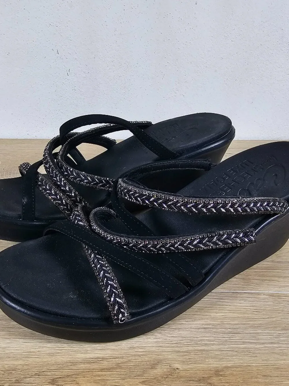 Skechers Cali Rumble On Night Out Womens Sandals Black Strappy Luxe Foam Size 10